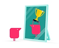 pink Texthelper looking in mirror at themself holding a trophy