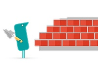 teal Texthelper looking at wall of bricks with paver in hand