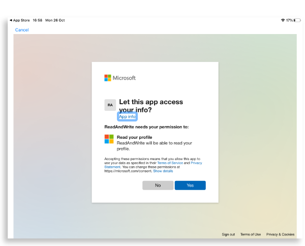 Read&Write sign in with Microsoft window asking to ‘Let this app access your info?’ with a blue yes button and a grey no button