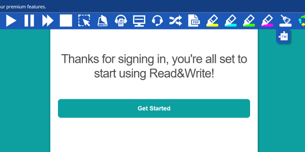 Read&Write window confirming sign in with green get started button