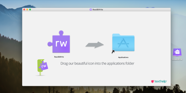 New window with purple Read&Write jigsaw puzzle piece icon with an arrow pointing to the right towards a blue Applications folder with text below instructing “Drag our beautiful icon into the application folder”