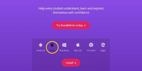 Read&Write web page with pink install button below a highlighted Apple iPad icon