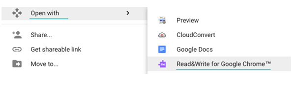 Right click menu showing ‘Open with’ option and ‘Read&Write for Google Chrome’ highlighted.