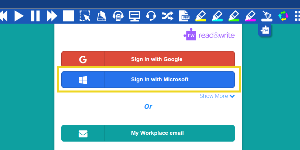 Read&Write sign in window with blue sign in with Microsoft button highlighted