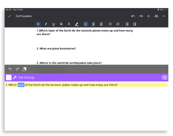 Read&Write iPad toolbar being used in a document