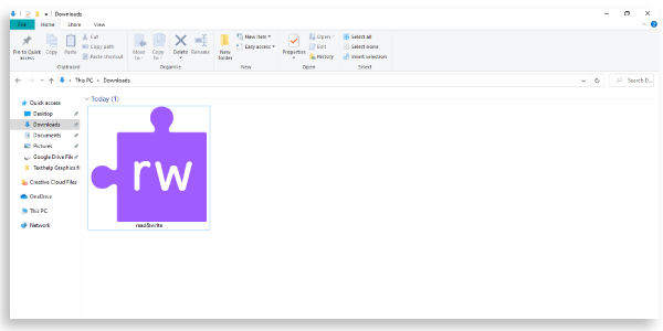 Purple Read&Write jigsaw piece icon as a .zip file in a Windows downloads folder 