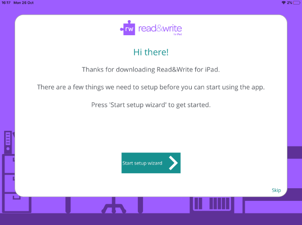 Read&Write iPad app set up wizard window 