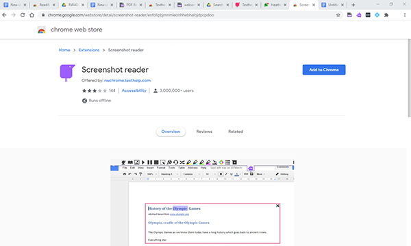 Google Chrome Store browser window for the Screenshot reader extension, with the ‘add to chrome’ button highlighted in the right hand corner of screen.