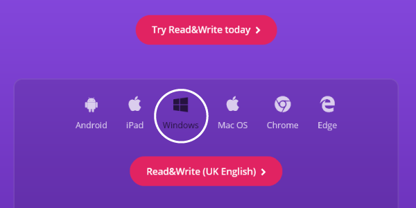 Read&Write webpage with pink Read&Write (UK English) button below a Microsoft Windows icon