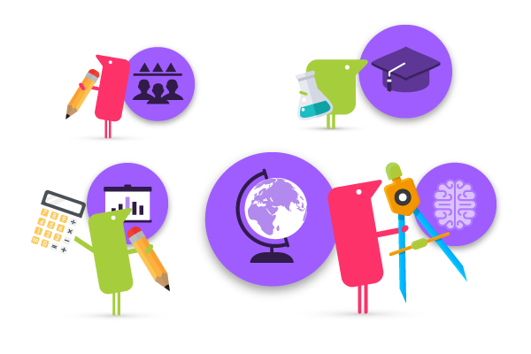 Scene with Texthelpers holding school supplies and purple circles with images classroom subjects