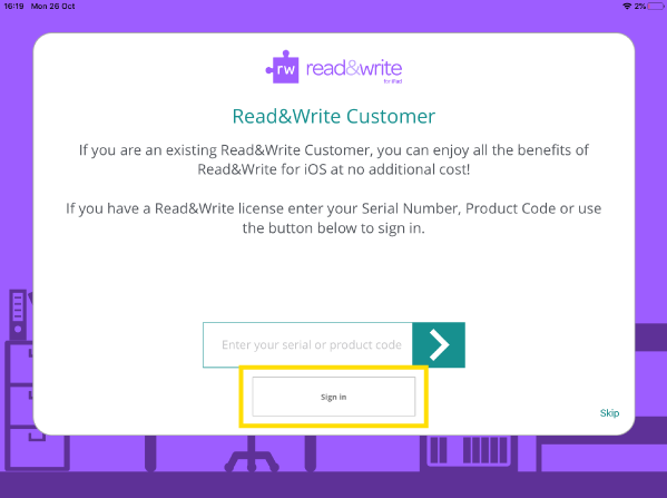 Read&Write iPad app set up wizard screen with white sign in button highlighted