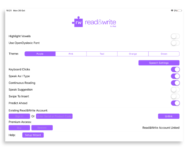 Read&Write iPad settings screen