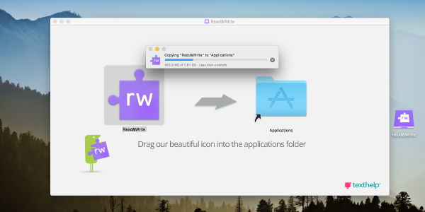 Window showing progress of Read&Write being copied to the Mac applications folder