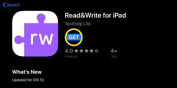 Read&Write Apple store listing with blue get button highlighted