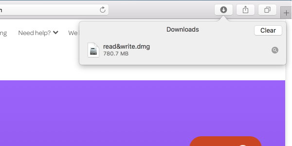 Grey down arrow icon in top right corner of browser clicked to display downloads window with Read&Write file