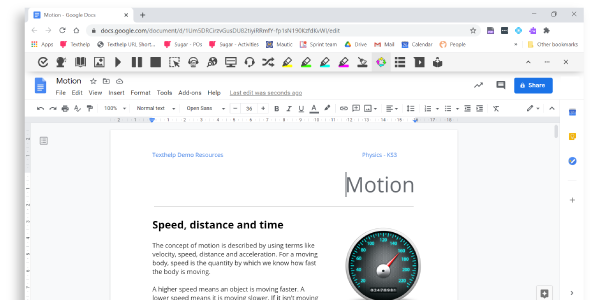 Read&Write toolbar overlaying a Google doc