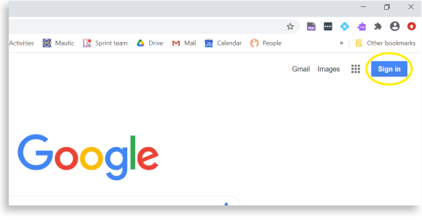 Chrome browser with blue sign in button highlighted in the top right hand corner of the screen