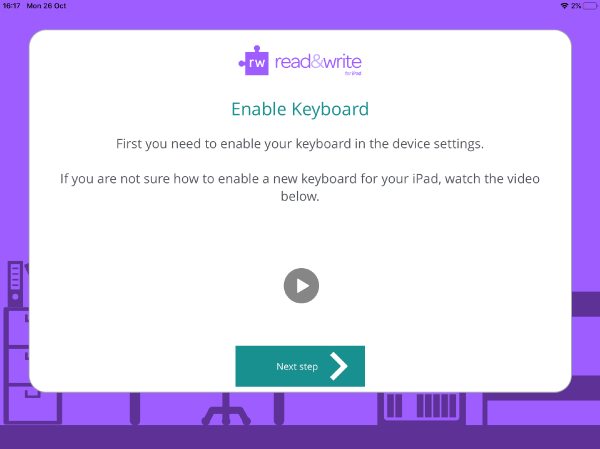 Read&Write iPad app enable keyboard set up wizard window