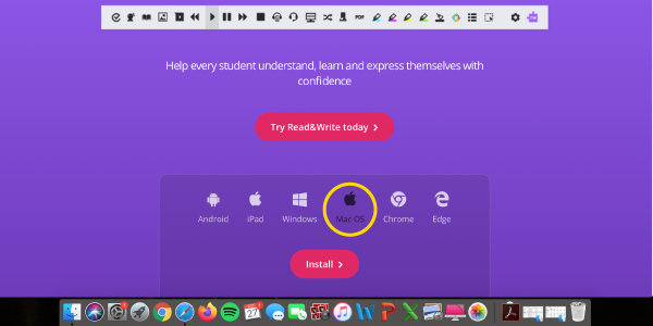 Read&Write web page with pink install button below highlighted Apple Mac OS icon