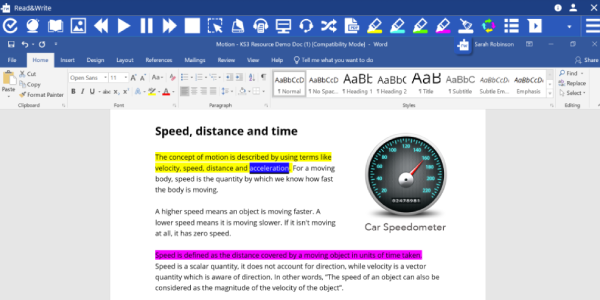 Read&Write toolbar being used within a Microsoft Word document